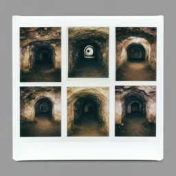 surrealist collage art of polaroid photographs of underground catacombs