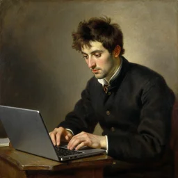 an oil painting of an man playing a laptop, 1576 , by Bouguereau, highly detailed and intricate,