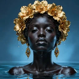 hyperrealistic post rococo cinematic very expressive! black oshun goddess, in water up to her shoulders, mirror dripping droplet!, gold flowers, highly detailed face, digital art masterpiece, smooth eric zener cam de leon dramatic pearlescent blue back lighting, low angle uhd 8 k, sharp focus