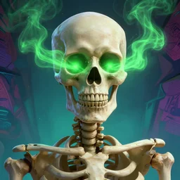 portrait of a skeleton possessed by a spirit, green smoke leaving his empty eyes, mattepainting concept blizzard pixar maya engine on stylized background splash comics global illumination lighting artstation lois van baarle, ilya kuvshinov, rossdraws