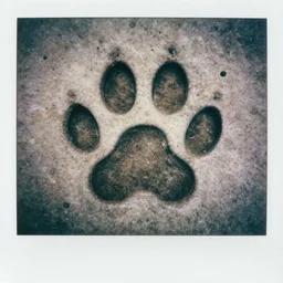 ant's eye view shot, detailed symmetrical cat paw prints in wet concrete, polaroid photo,
