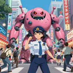 Artwork by James Jean, Phil noto and hiyao Miyazaki ; (1) a young Japanese future samurai police lady named Yoshimi battles an (1) enormous evil natured carnivorous pink robot on the streets of Tokyo; Japanese shops and neon signage; crowds of people running; Art work by hiyao Miyazaki, Phil noto and James Jean