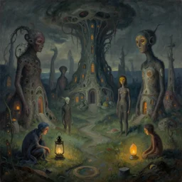 a strange, foreboding dreamscape | | strange beings | | strange dwellings | | ortherworldly land formations | | lanterns | | organic painting by jakub gazmercik, max masnyy, jakub gazmercik, beeple, patrick faulwetter, heavenlydaemonic, and mc escher, surrealism, trending on artstation