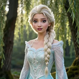 Beautiful elsa, Looks like willow smith, In the woods, Dramatic, Edge, Good, Infused, Backlight, De-Noise, VFX, insanely detailed and intricate, hypermaximalist, elegant, ornate, hyper realistic, super detailed, by Anthony Van Dyck, by Ivan Shishkin, by John Constable