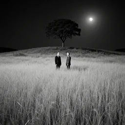 black and white fuzzy liminal photograph of a field, on a small hill with a single tree there is two men in suits and moon masks, dark, night, moonlight, natural light.