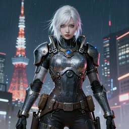 An epic fantastic realism comic book style portrait painting of a female cyber warrior, dieselpunk armor,  korean girl,  white hair, porcelain pale skin, cyberpunk color raining tokyo everywhere, Concept world Art,  unreal 5, DAZ, hyperrealistic, octane render, cosplay, RPG portrait, dynamic lighting