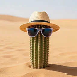 a small cactus wearing a straw hat and neon sunglasses in the sahara desert