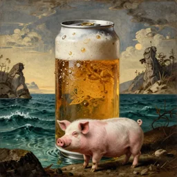 a gigantic can of beer sitting in an ocean, a pig is standing in the forefront, rennaisance art, painting, in the style of durer