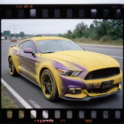 purple mustang covered in mustard on a film strip road