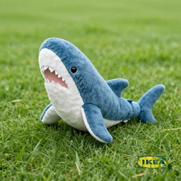 ikea shark plush blahaj on a grass field