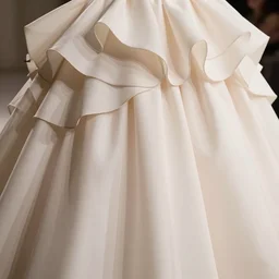 haute couture, fold layered flutter, heavy fabric full piece, volume aesthetic, romantic and light tones scheme, sigma 8 5 mm f _ 8, high detail