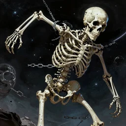 An epic fantastic realism comic space,chained skeleton , hyperrealistic, dynamic lighting