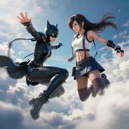 epic scene of most gorgeous final fantasy 7 character hyper detail, fighting catwoman, hyper realistic 3 d render, art station, particles, epic scene, mucha, tifa, clouds, jump pose, blur focus, action,