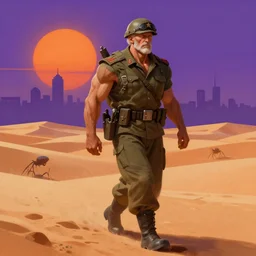 detailed concept illustration, matte painting, strong muscular older soldier roaming through desert with city in the skyline, two suns, purple sky orange colors, ant aliens at the horizon, sharp focus, illustration, highly detailed, digital painting, concept art, matte, art by wlop and artgerm and greg rutkowski, masterpiece
