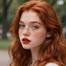 photo of the left side of the head of an adorable ginger woman with blue iris and wavy long red hair, red detailed lips and freckles who looks directly at the camera. Slightly open mouth. Whole head visible and covers half of the frame, with a park visible in the background. 135mm nikon. Intricate. Very detailed 8k. Sharp. Cinematic post-processing. Unreal engine. Nanite. Ray tracing. Parallax. Tessellation