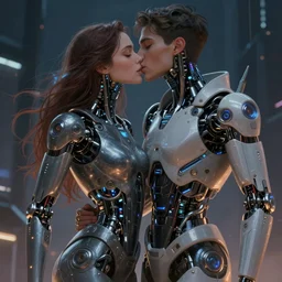 ultra realistic medium shot of a beautiful couple of cyborgs lovers, a passionate kiss, cyberpunk, sci - fi, fantasy, kodak, flare, colour led, soft light, volumetric lighting, night, intricate, highly detailed, digital painting, concept art, smooth, sharp focus, illustration, art by artgerm and greg rutkowski and alphonse mucha
