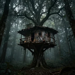 tree house, post - apocalyptic, dark fantasy, liminal space, dark paradise, digital art