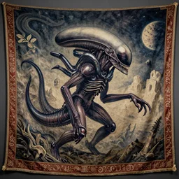 xenomorph alien predator on exoplanet, medieval tapestry, wide shot