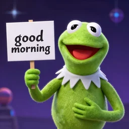 photorealistic deep space synthwave kermit holding sign that says “ good morning ”