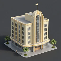 a detailed 3d model of a building in Googie 1950s architecture style