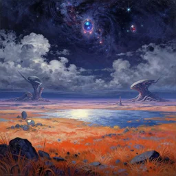 nature by camille pissarro, crystal azeroth anime earth cyberpunk alien partly cloudy night extraterrestial tundra bladerunner 2 0 4 9 synthwave reclaimed by nature nightsky infrared biopunk lake sci - fi desert sea nature tokyo meadow at dawn scumm bar bioshock retro elysian gem universe, archdaily, wallpaper, highly detailed, trending on artstation.