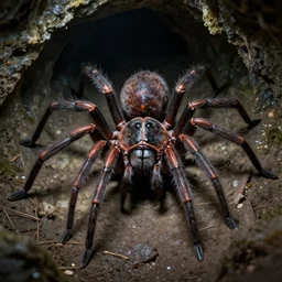 the large fantasy spider in a dark cave, by gaston bussiere, j. c. leyendecker, craig mullins, donato giancola, greg rutkowski, symmetry!!, highly detailed, sharp focus