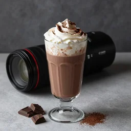 food photography of hot chocolate drink in tall glass with cream on top and cocoa powder, chocolate pieces, canon macro lens, moody lighting, stock photos, front angle view, transparent background