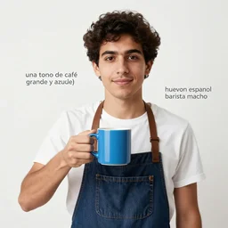 portrait of a ( ( ( una taza de cafe grande y azul ) ) ), ( ( guapo joven huevon espanol barista macho ) ), nubes y magia, el sol, concept character, model hands, by greg rutowski and tezuka and oi and mucha and bierstadt and remington, trending on artstation