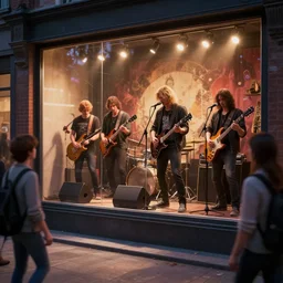 Rock band playing in the store window, showcase, people stop looking at that showcase, by Alexander Jasson, CGI, Render, photorealistic, Unreal engine 5 - W 1024