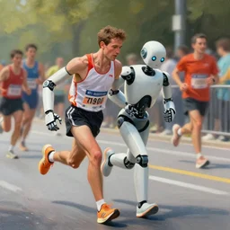 man helping robot run a marathon,! dream beautiful digital painting of man helping robot run a marathon, artgerm, greg rutkowski and alphonse mucha, artstation