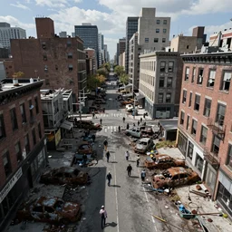 aerial view of dilapidated zombie - apocalypse new york city in real life, desolate with zombies, dilapidated, zombies in the streets, nightmarish, some rusted style parked vehicles, sunny weather, few clouds, volumetric lighting, photorealistic, daytime, autumn, sharp focus, ultra detailed, cgsociety
