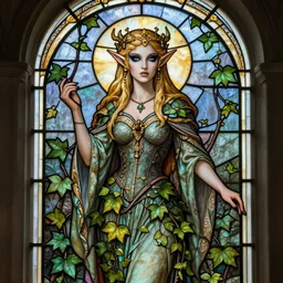 a beautiful and detailed stained glass window of poison ivy dressed as an elf queen, fantasy, d & d, dark eyeliner, intricate, elegant, highly detailed, digital painting, artstation, concept art, matte, sharp focus, illustration, art by greg rutkowski and alphonse mucha