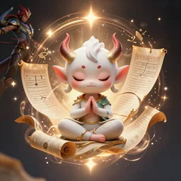 a tiny cute demon floating while meditating and wrapped in sacred scrolls, smooth, intricate, elegant, digital painting, artstation, power runes, pulsing energy, concept art, sharp focus, octane render, illustration, art by shintaro kago and josan gonzalez, overwatch character,