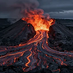 a volcanic lava mountain terrain, matte painting, dynamic lighting, cel shading