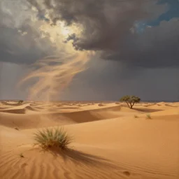 a painting of oasis in desert, dramatic lighting, wind