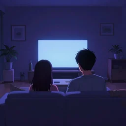 backview of a couple sitting on a sofa watching tv in a living room at night, chillwave wallpaper, featured on artstation, anime, detailed, wallpaper, dark blueish purple theme