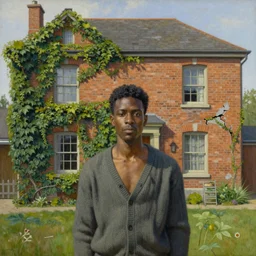 a highly detailed painting of a black haired man wearing a cardigan standing in front of an old brick home that is covered in ivy and has cracks in the brick by antoine blanchard