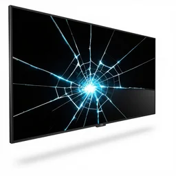 digital artwork that features a cracked screen. the cracks are in the shape of a spiral, and they radiate out from the center of the screen. the background is black, and the foreground is white. the cracks are illuminated with a bright, electric blue light