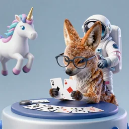 a Jackalope with glasses playing a game of cards with a unicorn astronaut on top of a mountain, watercolor