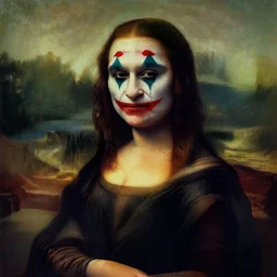 a 17th portrait painting of Joker (2019) in the style of Mona Lisa, low contrast
