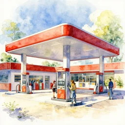 a beautiful insanely intricate watercolor illustration of a modern gas station, colorfull, by william turner art, by greg rutkowski, by james jean, by rossdraws, by frank franzzeta, by sakimichan, by edmund dulac, trending on artstation, insanely detailed, masterpiece,