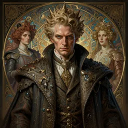 the inventor, mad scientist, fame of thrones, fibonacci, sweat drops, intricate fashion clothing, insane, intricate, highly detailed, surrealistic, digital painting, artstation, concept art, smooth, sharp focus, illustration, Unreal Engine 5, 8K, art by artgerm and greg rutkowski and alphonse mucha