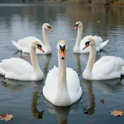wide - angle shot of beautiful swan! in the peaceful! reflective lake! with few autumn! leaves, depth of field, zeiss lens, detailed, symmetrical, centered, fashion photoshoot, by nicoletta ceccoli, mark ryden, lostfish, earl nore, hyung tae, frank frazetta, breathtaking, 8 k resolution, extremely detailed, beautiful, establishing shot, artistic, hyperrealistic, octane render