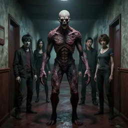 beautifully hyperrealistic cinestill octane render of creepy monster entity creature designs by silent hill 3, resident evil, david cronenberg, yasushi nirasawa, hiroya oku, junji ito, apartment hallway, deep aesthetics of silent hill