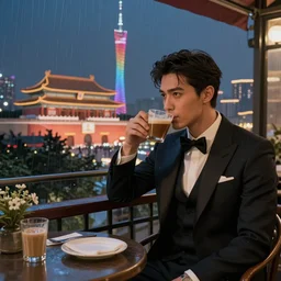 elegant man drinking coffee at balcony in guangzhou, city with detailed forbidden city seen behind, late night raining, highly detailed characters, by greg rutkowski, alphonse mucha, beeple, sharp focus, digital art, smooth, light refraction, pixiv art, volumetric lighting
