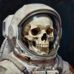 skull inside astronaut's helmet, highly detailed fantasy science fiction portrait painting by mikhail vrubel and chris cunningham. rich colors, high contrast,