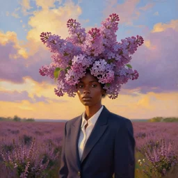 portrait, giant lilac flower as head, black woman in a suit in heather field, surreal photography, golden hour, colorful clouds, impressionist painting, digital painting, artstation, simon stalenhag