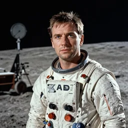 a 1960s portrait photo of Stanley Kubrick on a movie set of the moon, 8K HD, old photo, highly detailed