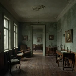 creepy Liminal interior of RE7, in the style of Edward Hooper and Vilhelm Hammershøi and Albert Bierstadt