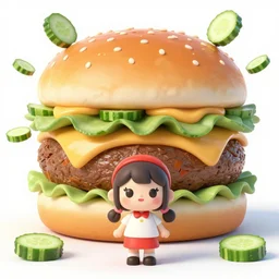 kawaii girl in front of a giant cheeseburger, cucumbers in ambush ready to attack, huge amount of details, masterpiece,  posing for painting, epic cinematic still, dynamic perspective, anime style, beautiful volumetric light